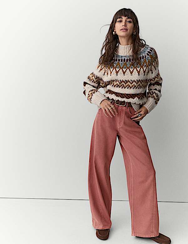 ג'ינס עם מותניים גבוהים בגזרת רגל רחבה מתערובת סיב תאית - IL