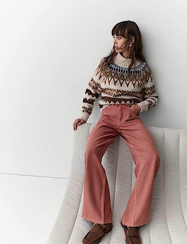 ג'ינס עם מותניים גבוהים בגזרת רגל רחבה מתערובת סיב תאית - IL