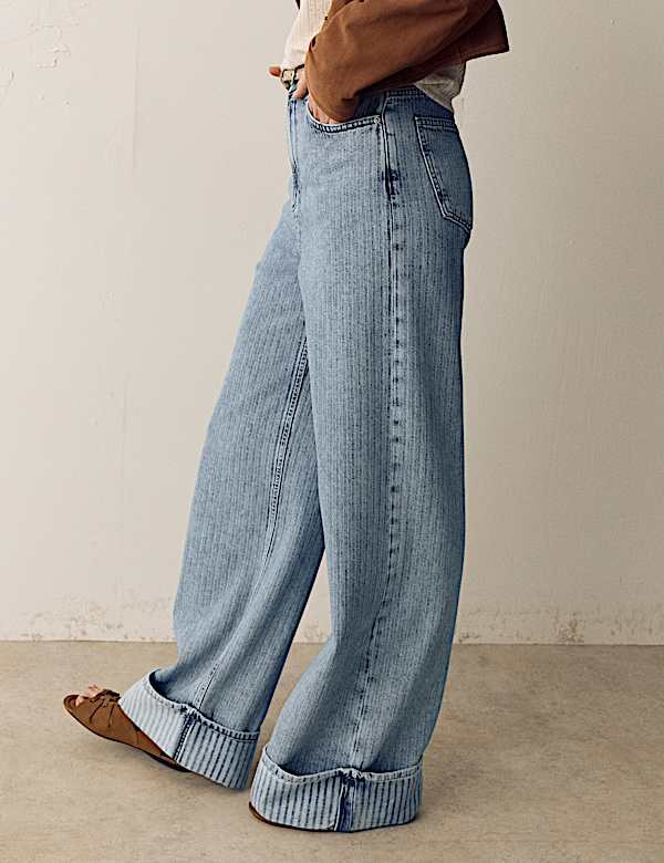 High Waisted Striped Wide Leg Turn Up Jeans - TW