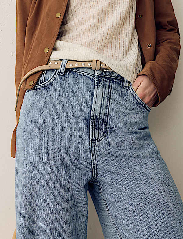 High Waisted Striped Wide Leg Turn Up Jeans - TW