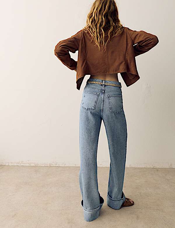 High Waisted Striped Wide Leg Turn Up Jeans - TW