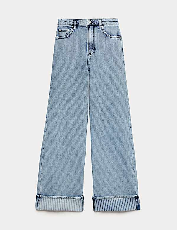 High Waisted Striped Wide Leg Turn Up Jeans - TW