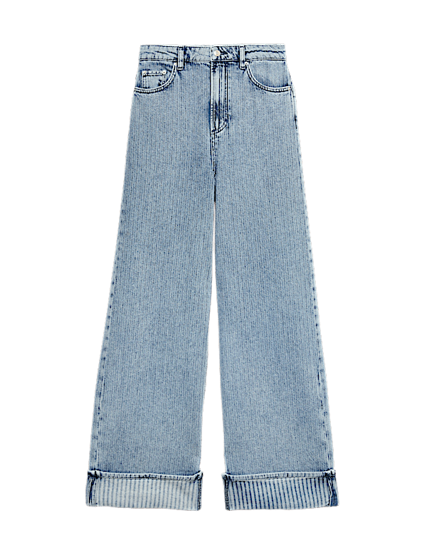 High Waisted Striped Wide Leg Turn Up Jeans
