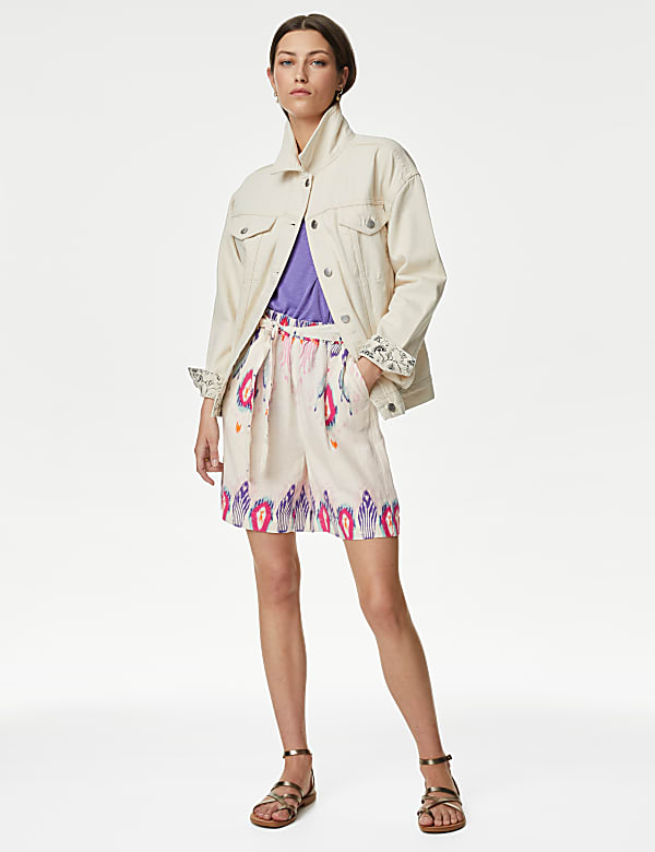Linen Rich Printed High Waisted Shorts