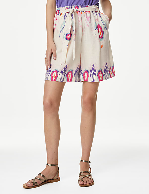 Linen Rich Printed High Waisted Shorts