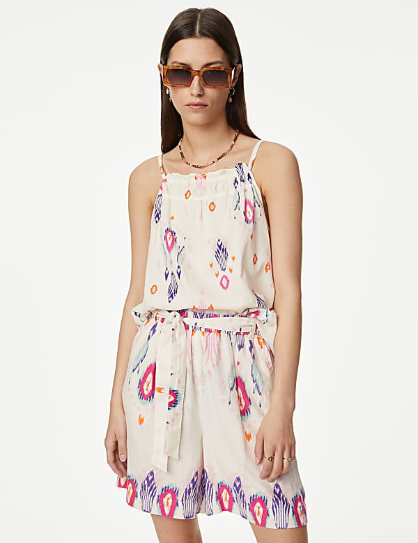 Linen Rich Printed High Waisted Shorts