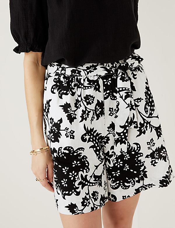 Linen Rich Printed High Waisted Shorts