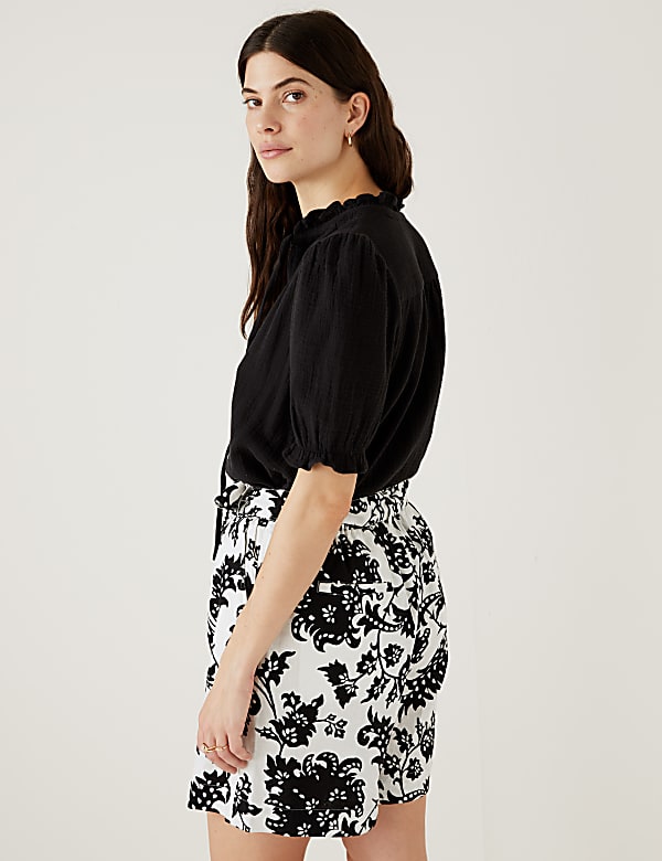 Linen Rich Printed High Waisted Shorts