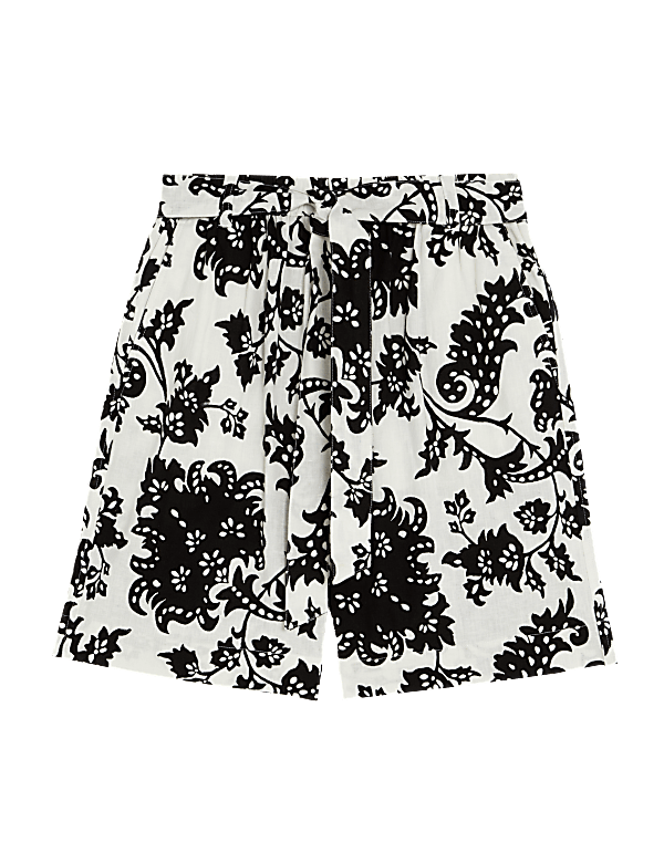 Linen Rich Printed High Waisted Shorts