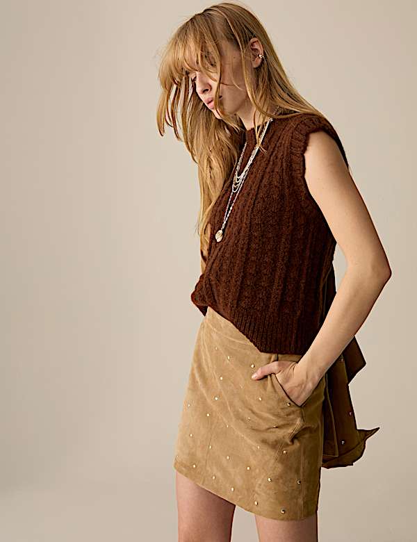 Suede Embellished Studded Mini Skirt - SI