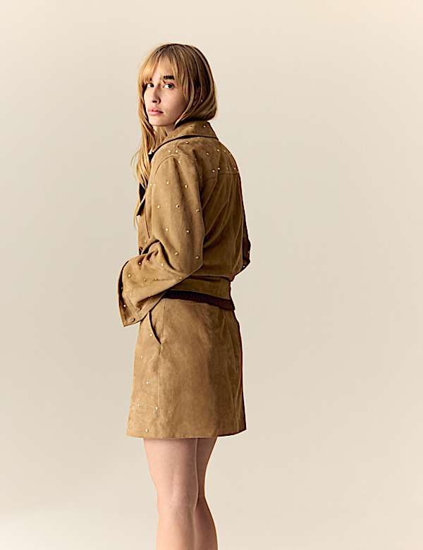 Suede Embellished Studded Mini Skirt - AL