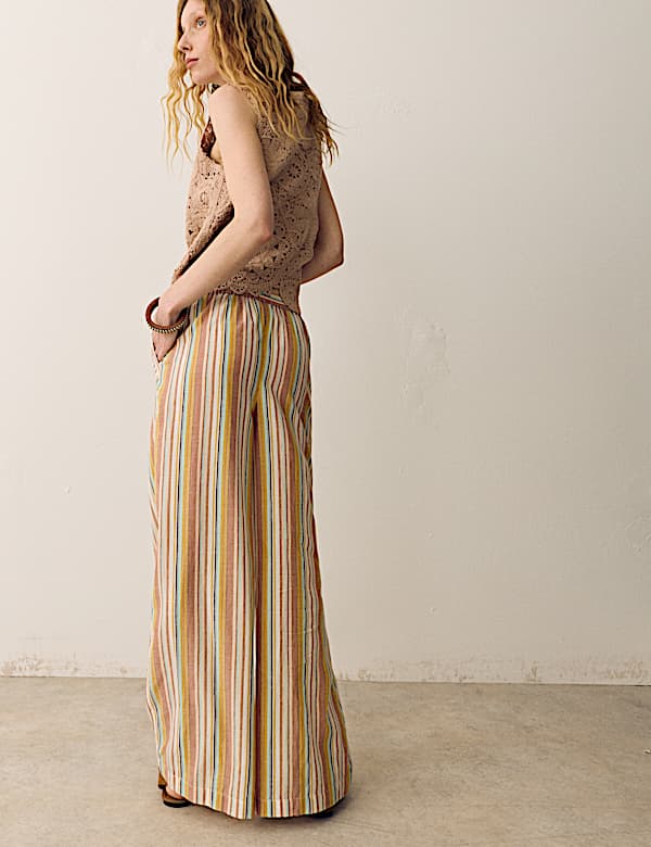 Pure Cotton Striped Wide Leg Trousers - MX