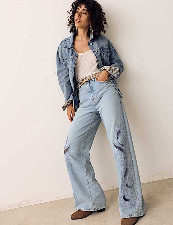 Pure Cotton Embroidered Cutwork High Waisted Wide Leg Jeans