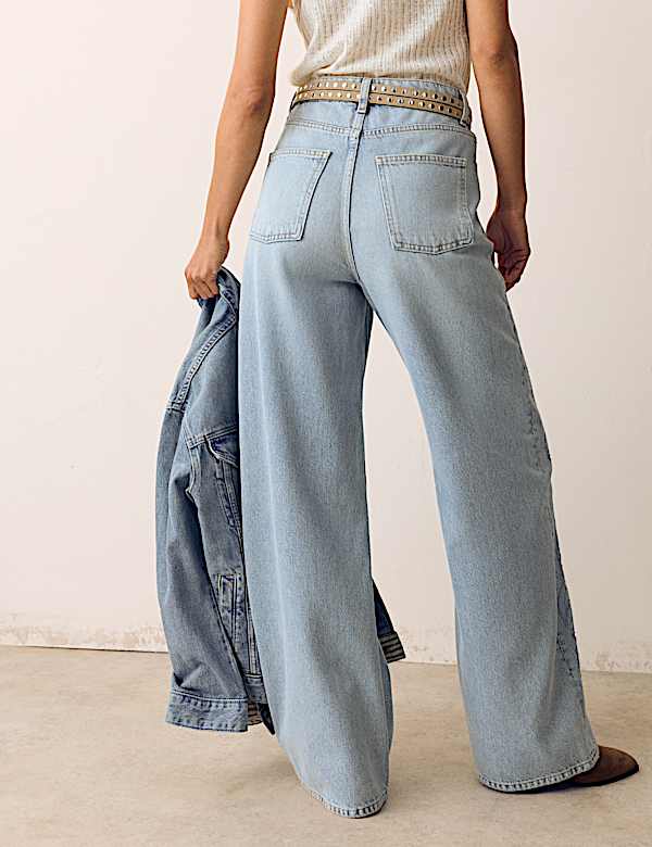 Pure Cotton Embroidered Cutwork High Waisted Wide Leg Jeans
