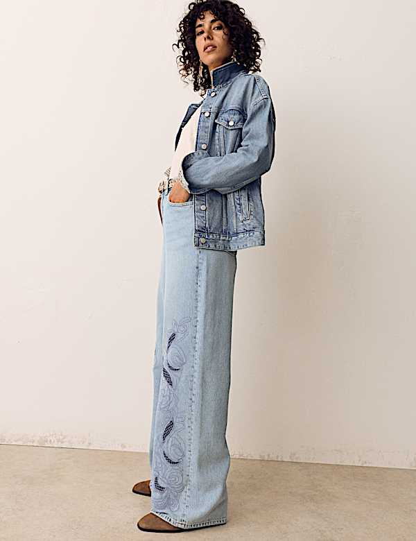 Pure Cotton Embroidered Cutwork High Waisted Wide Leg Jeans