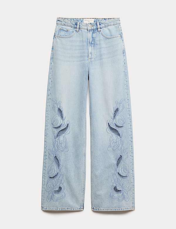 Pure Cotton Embroidered Cutwork High Waisted Wide Leg Jeans - DK