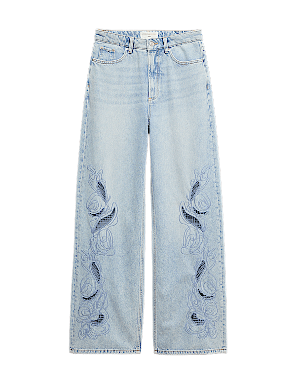 Pure Cotton Embroidered Cutwork High Waisted Wide Leg Jeans