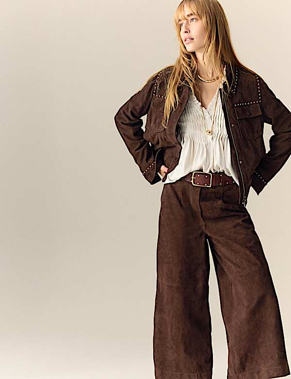 Suede Wide Leg Cropped Trousers - CN