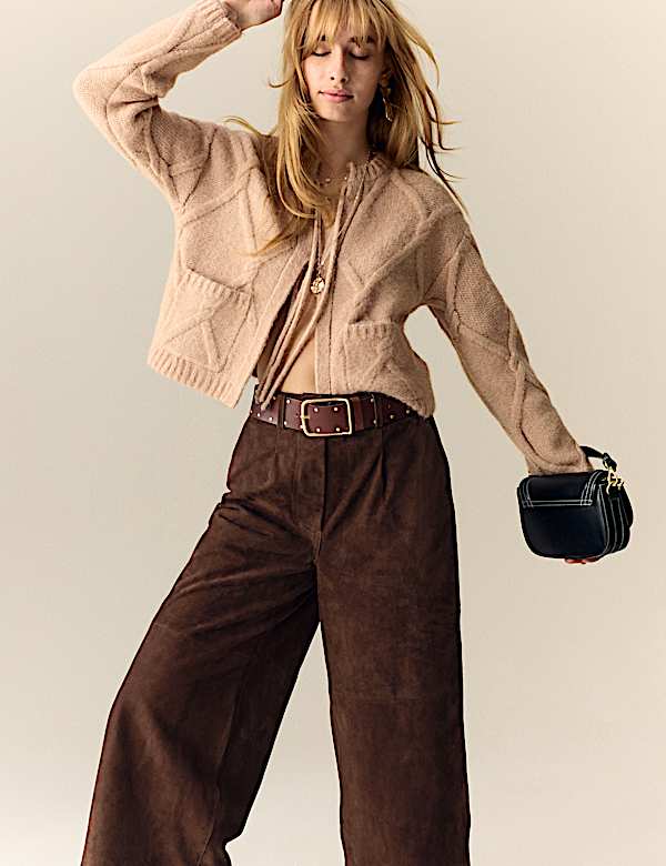 Suede Wide Leg Cropped Trousers - CN