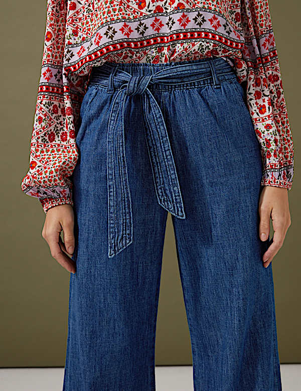 Denim Belted Wide Leg Trousers
