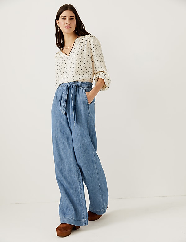 Denim Belted Wide Leg Trousers