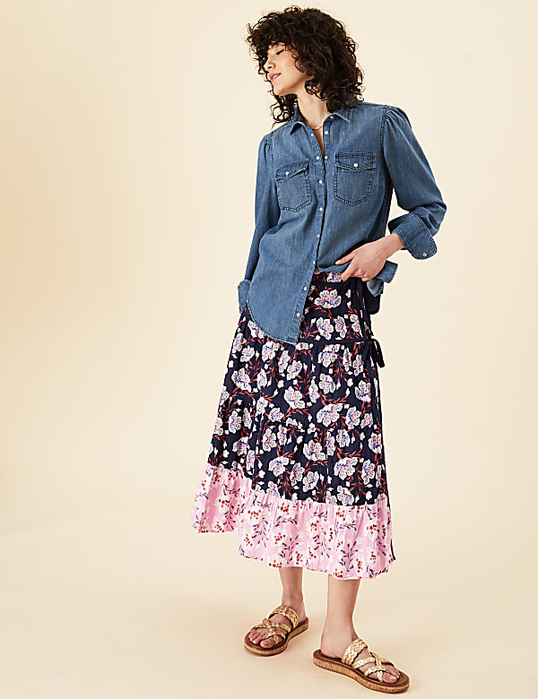 Pure Cotton Floral Tie Wrap Midi Skirt