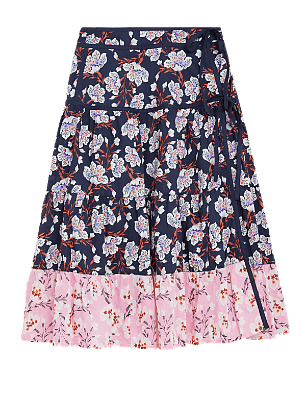 Pure Cotton Floral Tie Wrap Midi Skirt