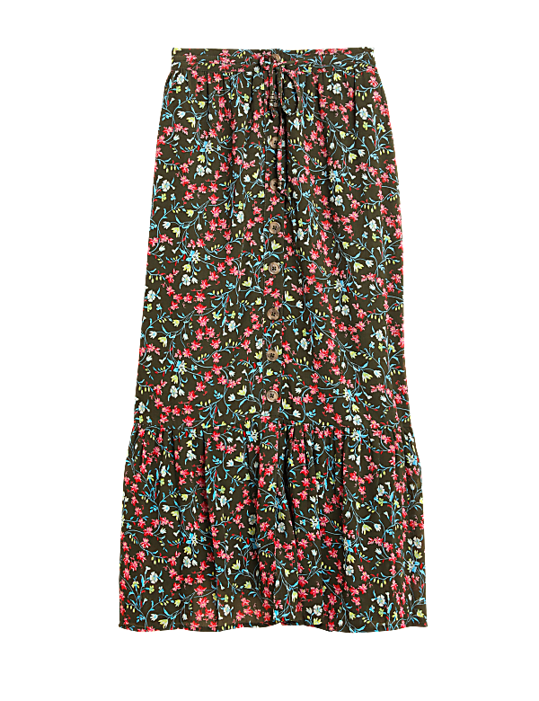 Printed Button Front Midaxi A-Line Skirt