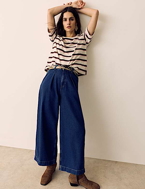 Denim High Waisted Pleat Front Wide Leg Cropped Jeans