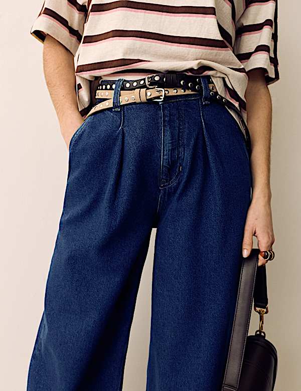 Denim High Waisted Pleat Front Wide Leg Cropped Jeans - NL
