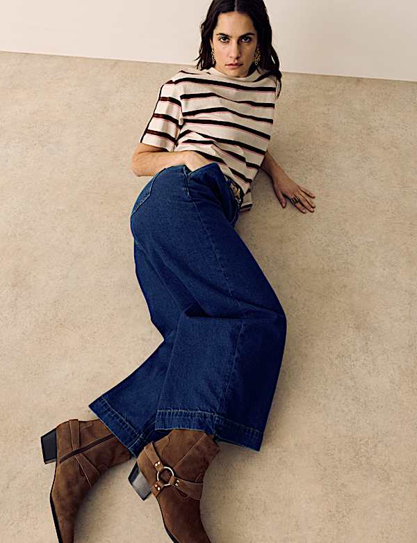 Denim High Waisted Pleat Front Wide Leg Cropped Jeans - NL