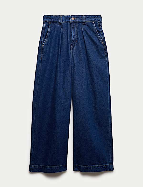 Denim High Waisted Pleat Front Wide Leg Cropped Jeans - NL