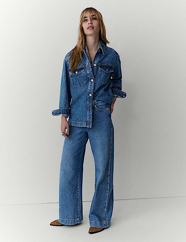 Jeans Kaki Lebar Denim Berhiasan Tempelan - ID