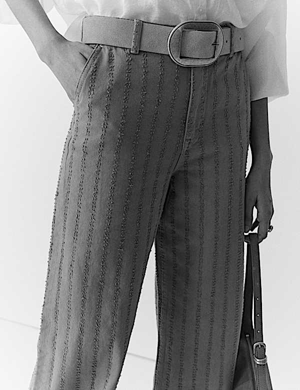 Pure Cotton Textured Denim Wide Leg Jeans - HR