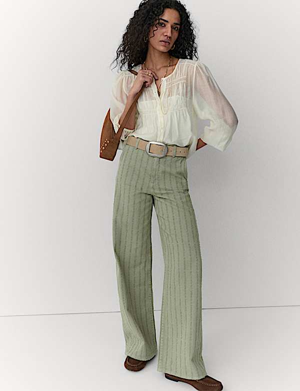 Pure Cotton Textured Denim Wide Leg Jeans - HR