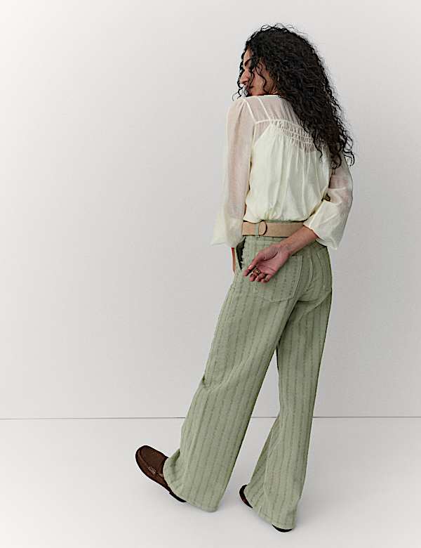 Pure Cotton Textured Denim Wide Leg Jeans - HR