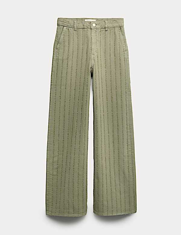 Pure Cotton Textured Denim Wide Leg Jeans - HR