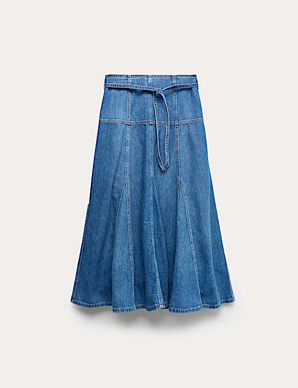 Denim Tie Waist Midi Skirt - SE