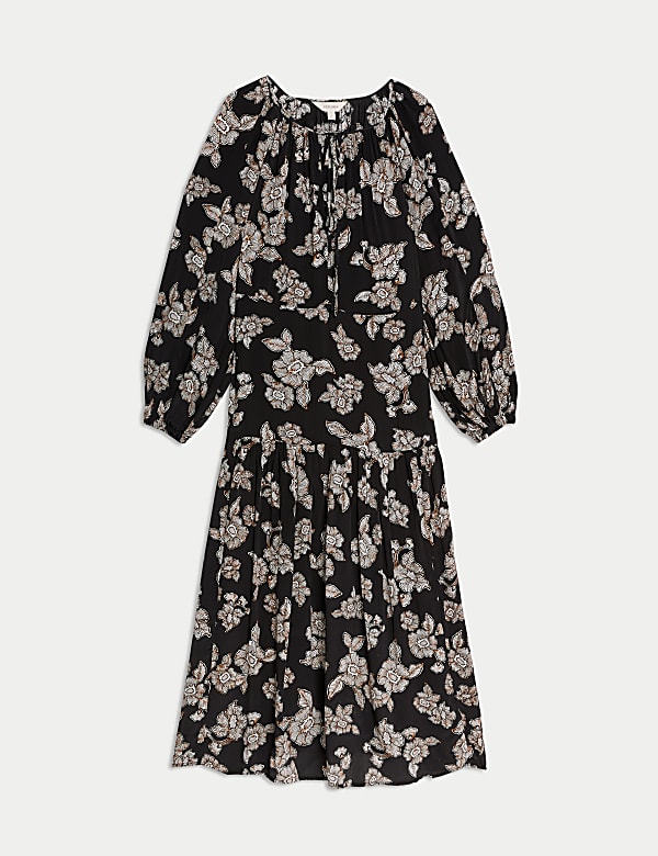 Crepe Floral Tie Neck Midaxi Waisted Dress - LU