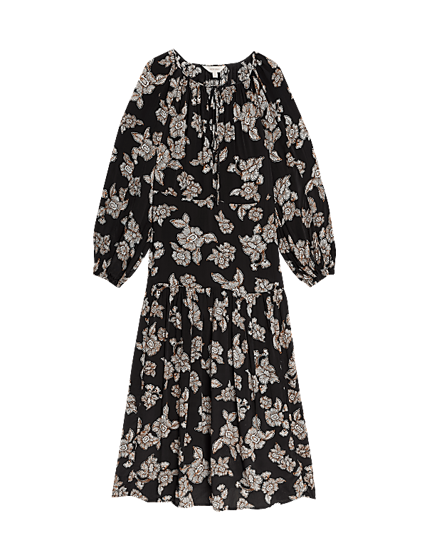 Crepe Floral Tie Neck Midaxi Waisted Dress