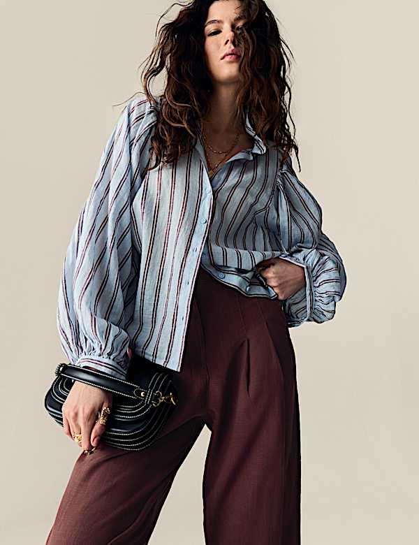 Linen Blend Pleat Front Tapered Trousers - US