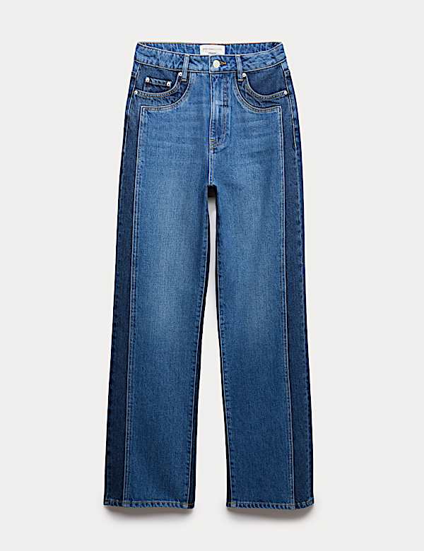Two Tone High Waisted Straight Leg Jeans - CZ