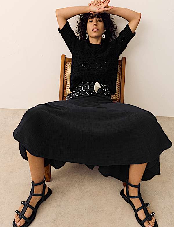 Pure Cotton Double Cloth Midaxi A-Line Skirt - MV