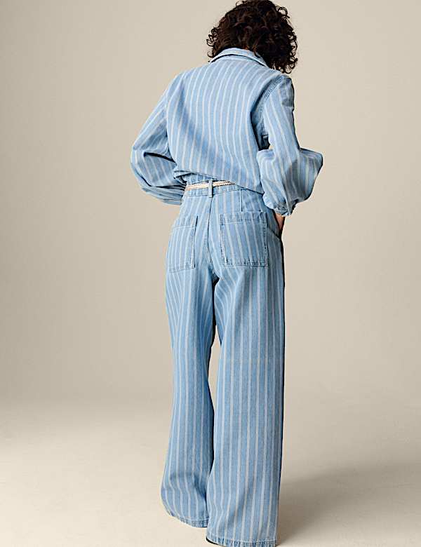 Pure Cotton Denim Striped Wide Leg