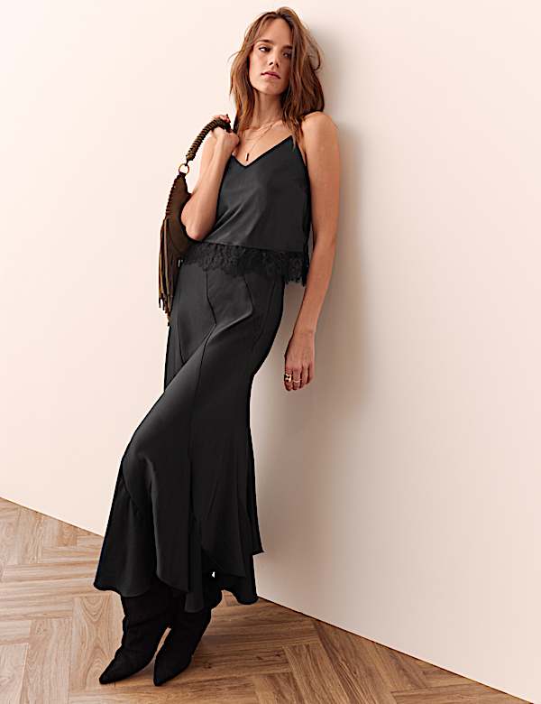 High Waisted Asymmetric Satin Maxi Skirt - KG