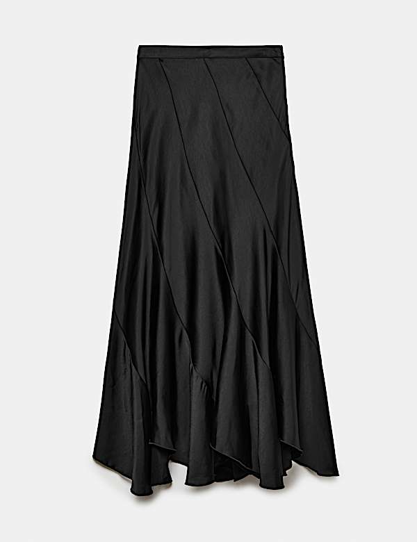 High Waisted Asymmetric Satin Maxi Skirt - KG