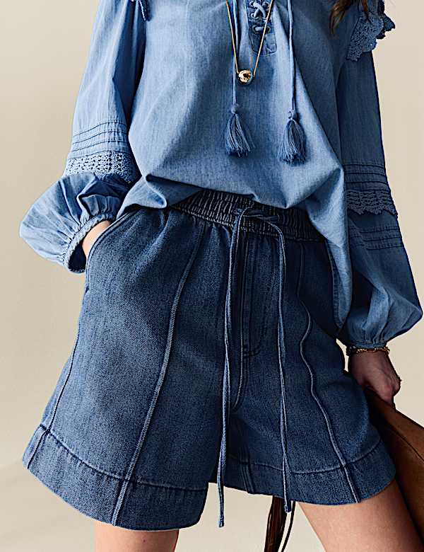 Denim High Waisted Seam Detail Shorts - US