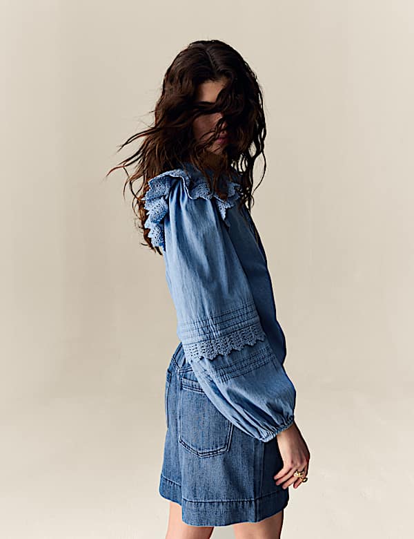 Denim High Waisted Seam Detail Shorts - AU