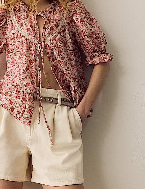 Cotton Rich Denim Pleated Shorts - NO