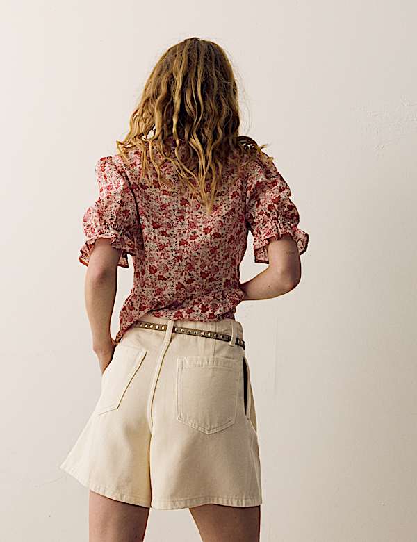 Cotton Rich Denim Pleated Shorts - NO